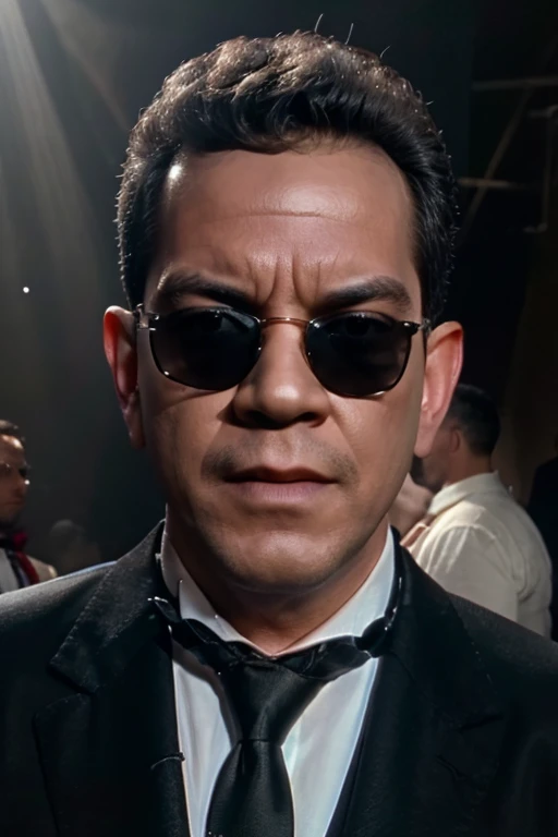 (Best Quality:1.3), Filming of movies, Masterpiece, (sharp focus:1.5), (natural:1.3), Medium portrait (A young man wearing a black tuxedo with a tie and sunglasses., Give the scene a dark atmosphere.，But the shape has a stark contrast between light and dark.), evening, (highly refined leather), (detailed face), detailed background, Dark light, twilight lighting, volumetric lighting, intricate details, ultra high definition, 