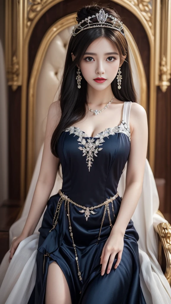 (Reality: 1.2), best quality, 8K Ultra HD, masterpiece, high resolution,CG, 1 detailed girl, Super detailed queen , Sit on a super detailed royal throne, Luther, Gorgeous palace background, beautiful and detailed, Ultra detailed long hair, wearing a beautiful and luxurious crown with diamonds e altamente detalhado, Super detail dress, Solitary, Jewelry, Super exquisite red and blue dress, Pretty Face, beautiful, e altamente detalhado, , earrings, Super detailed hairstyles, splash, The upper body is very detailed, Super detailed bun, Ultra detailed black hair, light,frank,photo,high resolution,4K,8K,Bokeh,