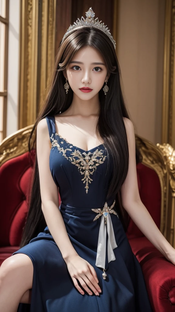 (Reality: 1.2), best quality, 8K Ultra HD, masterpiece, high resolution,CG, 1 detailed girl, Super detailed queen , Sit on a super detailed royal throne, Luther, Gorgeous palace background, beautiful and detailed, Ultra detailed long hair, wearing a beautiful and luxurious crown with diamonds e altamente detalhado, Super detail dress, Solitary, Jewelry, Super exquisite red and blue dress, Pretty Face, beautiful, e altamente detalhado, , earrings, Super detailed hairstyles, splash, The upper body is very detailed, Super detailed bun, Ultra detailed black hair, light,frank,photo,high resolution,4K,8K,Bokeh,