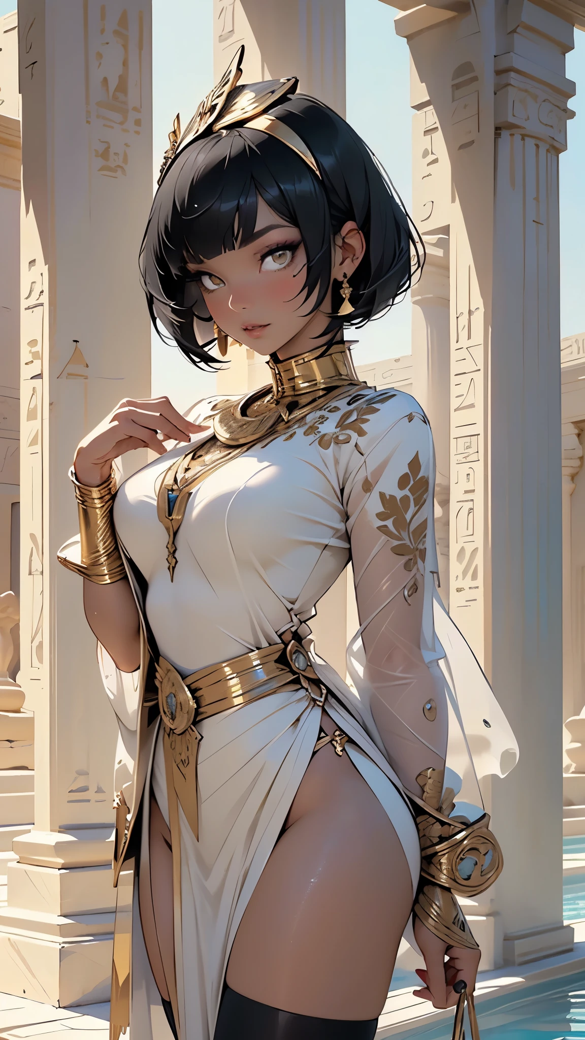 little from ancient Egypt,(((little lolibi))),((small tiny body)),,((((6 years toddler:1.4))),(baby face),(round face),
((((anubis ears:1.5,anubis girl:1.5,anubis,anthro)))),(((flat chest))),((((dark hair,black hair,very short hair,tomboy hair,colored inner hair)))),(((gold_eyes:1.3))),intricate eyes,beautiful detailed eyes,symmetrical eyes,big eyes:1.5,((((tanned skin,lustrous skin:1.5,glossy skin,wet skin,sweating,shiny skin,shiny body)))),(((detailed face))),beautiful detailed lips,
cute,opulent,sumptuous,(((nsfw))),
zettai ryouiki,revealing clothing,show skin,((underboob)),(barefoot,),egyptian outfit,((((bandaged legs:1.5,bandaged arms:1.5,bandaged breasts,white bandage)))),(((egyptian jewelry in her arms))),((eyes shadow, egyptian makeup,eyelid makeup)),o-ring bottom,o-ring panties,(((pelvis curtain))),((loincloth)),(((black clothes,wet clothes,intricate outfit,embroidered outfit,ornate outfit))),
dynamic pose,looking at viewer,((angry)),centered,scale to fit dimensions,Rule of thirds,
outdoors,pillars,((pillars background,egyptian palace,egyptian palace background,pyramids in the background)),scenery,extremely scenery,(puddles everywhere,moss,moss on the background), Egypt style,Egypt castle,lily pads,palms,(sunset, golden hour),
(Glossy Egyptian ornaments),highres,sharp focus,(ultra detailed,extremely detailed),(photorealistic artwork:1.37),(extremely detailed CG unity 8k wallpaper),(((vibrant colors,vibrant theme))),(intricate),(masterpiece),(best quality),artistic photography,(photography taken by sldr),(intricate background),perfect rendered face,perfect face details,realistic face,photo realistic,((intricate detail)),(((realism))),
