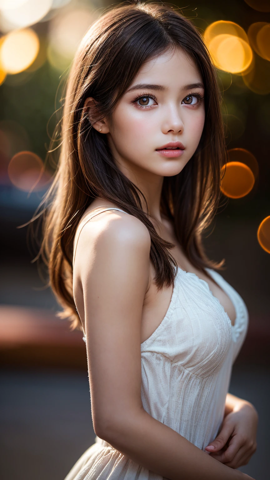 (best quality), (ultra-detailed), (llustration), (detailed light), (an extremely delicate and beautiful), ung girl, brown hair, brown eyes, model, bare shoulders, best quality, extremely detailed CG unified 8k wallpaper, High-definition raw color photos, professional photograpy, (((Bokeh))), depth of fields, twilight, sunset,
