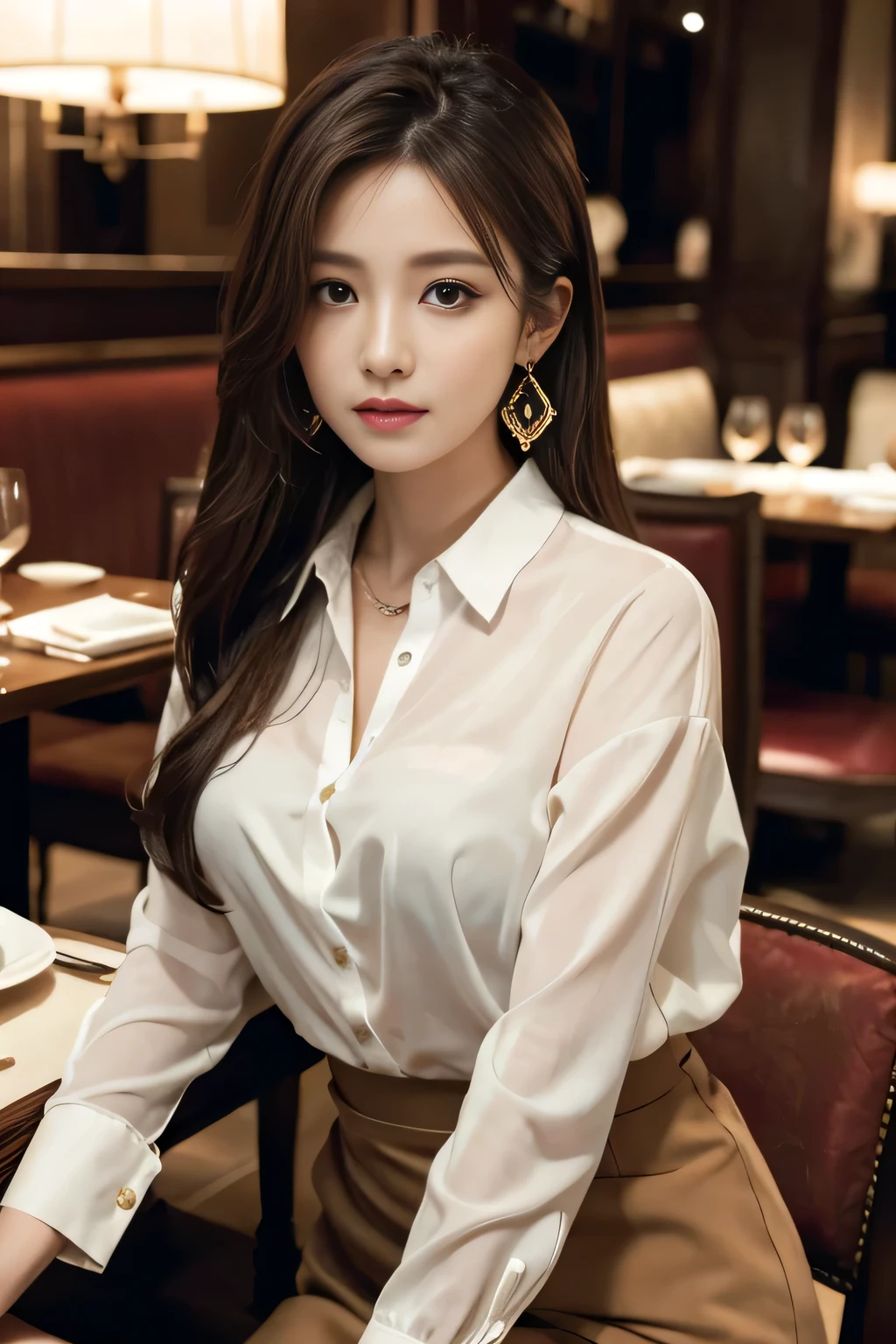 masterpiece, Highest quality, Realistic, Very detailed, Finer details, High resolution, 8k wallpaper, One beautiful woman, Wear an elegant see-through shirt, In a great restaurant, At night, Light brown messy hair, Perfect dynamic composition, Beautiful and beautiful eyes、Big earrings、Sit on a chair、