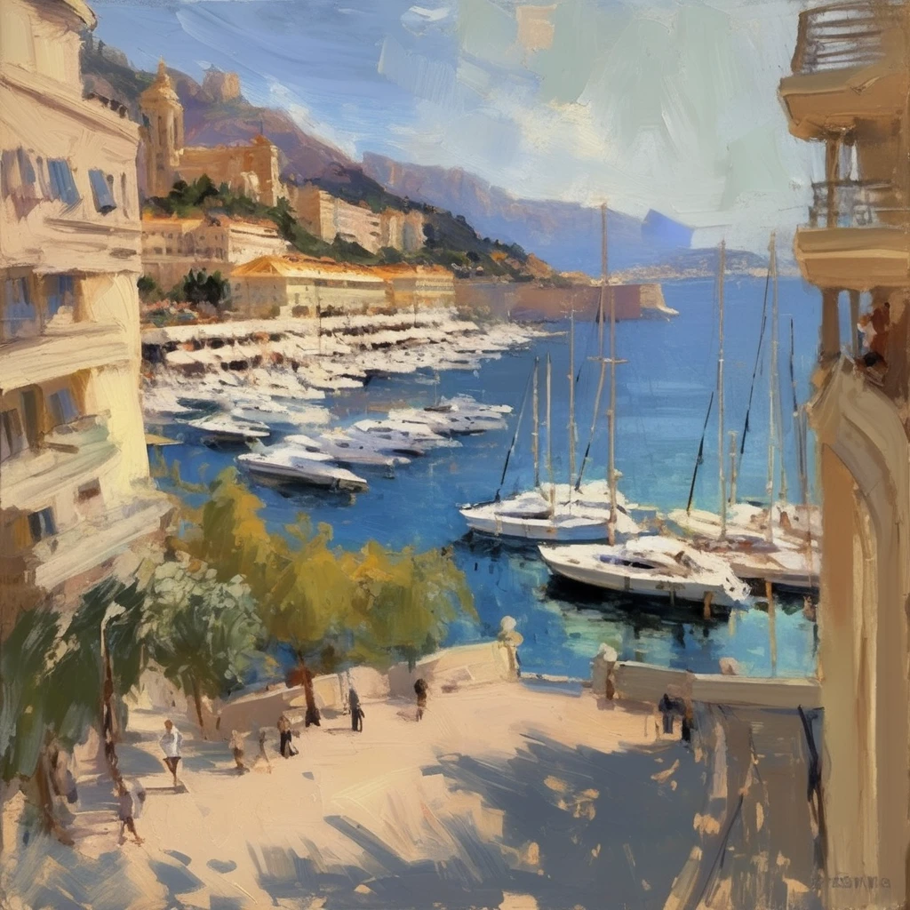 Konstantin Korovin Style - oil painting of a beautiful yacht haven in monaco. Muted colors. Artwork by Abbott Handerson Thayer.