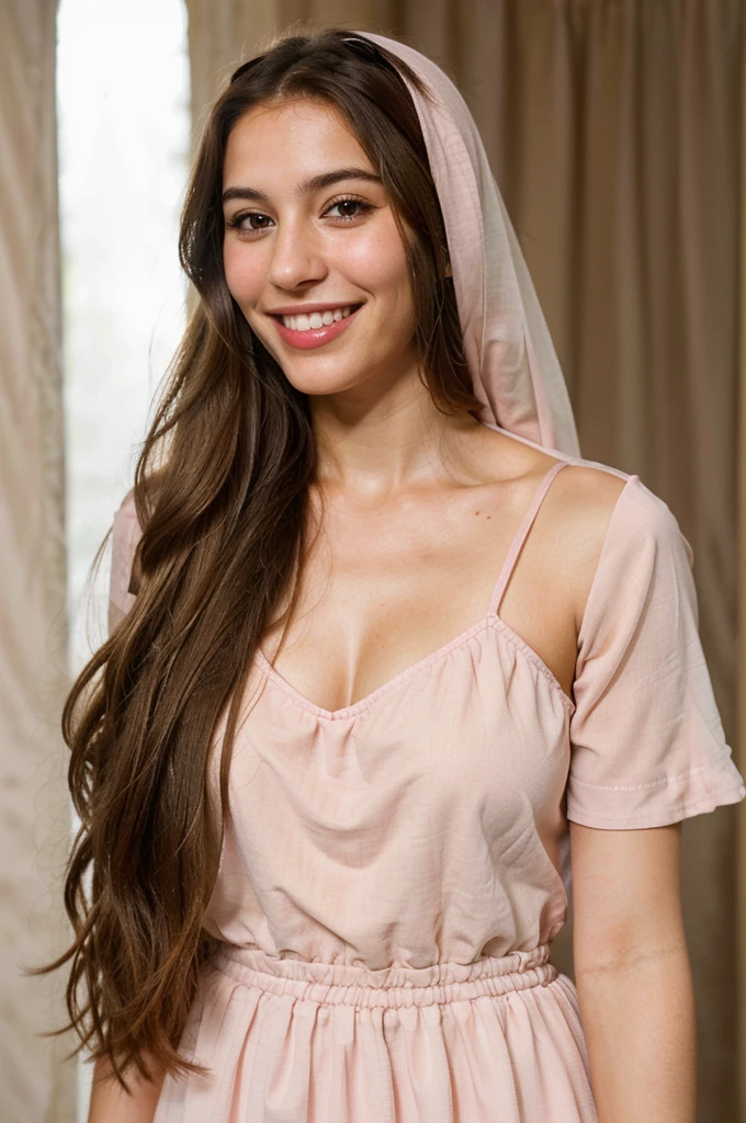 a photo-realistic portrait of a beautiful Palestinian woman with long brown hair, pink dress, white teeth, and a cute smile, with highly detailed and realistic facial features, modest expression, and realistic white skin tone