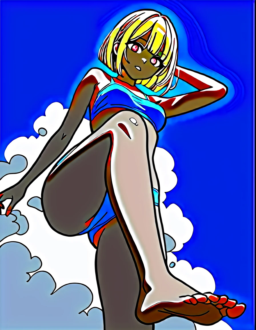 Masterpiece, highest quality, high definition, full body, girl alone, low angle, directly below, looking up from the feet to the head, blonde hair, bob cut, red eyes, sparkling eyes, ruby eyes, tanned skin, dark skin, underwear, underwear drawn in detail, sexy underwear, irreverent expression, under the blue sky, an island in perpetual summer