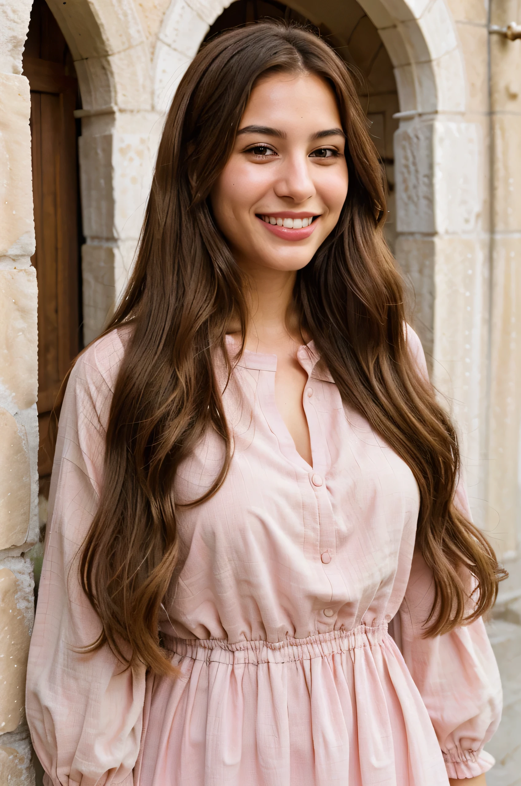 a photo-realistic portrait of a beautiful Palestinian woman with long brown hair, pink dress, white teeth, and a cute smile, with highly detailed and realistic facial features, modest expression, and realistic white skin tone