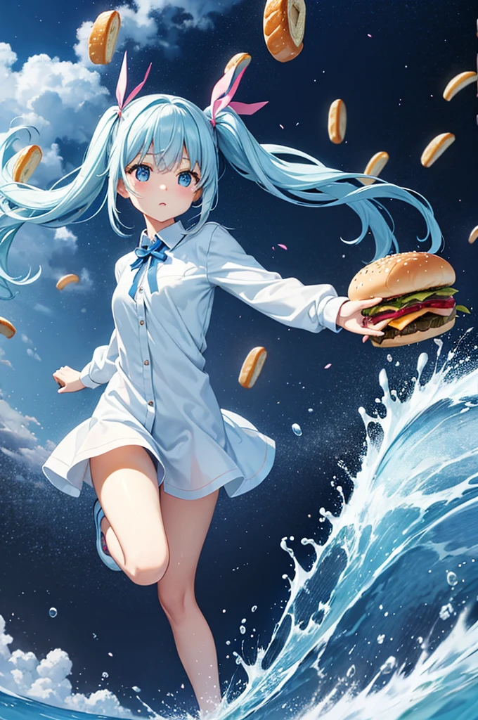 Light blue long hair、Beautiful girl with twin tails、Dream of being chased by bread、A lot of hamburgers are chasing me、The girl is running desperately、Hamburger splash art