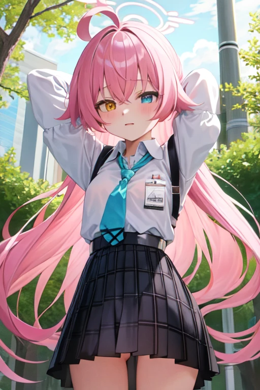 masterpiece, Highest quality, Very detailed, One Girl, Hoshino, White shirt, Pleated skirt, Embarrassing, Are standing,
Outdoor,Put your arms behind your head,blindfold,shibari