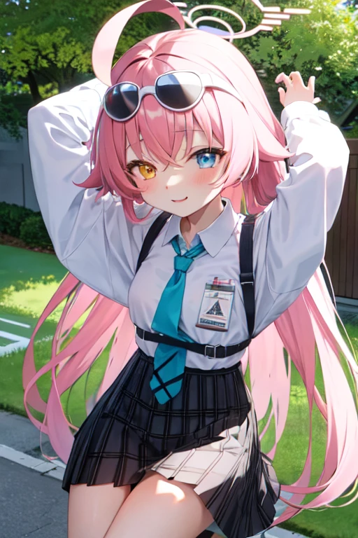 masterpiece, Highest quality, Very detailed, One Girl, Hoshino, White shirt, Pleated skirt, Embarrassing, Are standing,
 Outdoor,Put your arms behind your head,blindfold,shibari