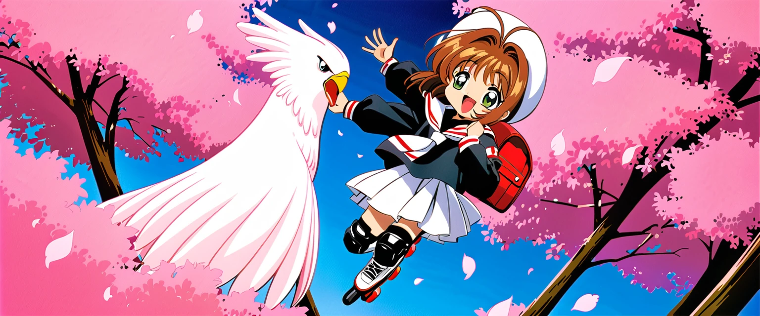 roller skate, One Girl, Annoying, Brown Hair, kinomoto sakura, white skirt, inline skate, skate, Uniforms of Tomoeda Elementary School, cherry blossoms, , skirt, Green Eyes, White Hat, bag, Backpack, Open your mouth, have, 1990s (style), petal, short hair, smile, retro artstyle, pleateD skirt, Hair ties, :D, Knee pads, whole body, bangs, View your audience, Seraphim, Antenna Hair, woman , hair ornaments, Living things, black shirt, wing, Long sleeve, neckerchief, Sailor collar, Outdoor, shirt, Day, 