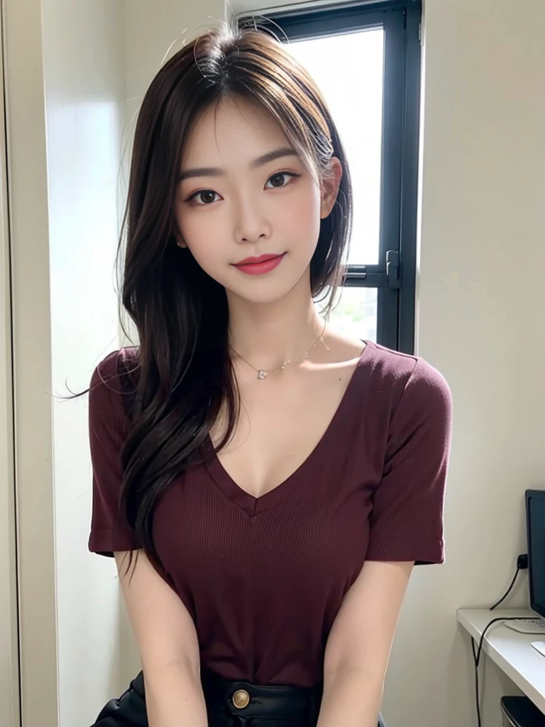 arafed asian woman in red cute top posing for a picture in office room, a picture by Oliver Sin, trending on cg society, shin hanga, wearing a red cute top, korean girl, gorgeous young korean woman, beautiful asian girl, beautiful south korean woman, gorgeous chinese model, young and cute girl, beautiful young korean woman, asian girl, korean woman, smile, closed lips, wavy hair