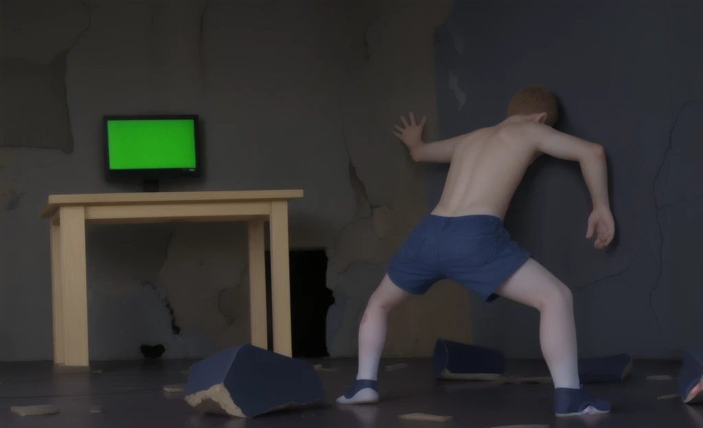 boy standing in room, destroyed floor, cracked walls
