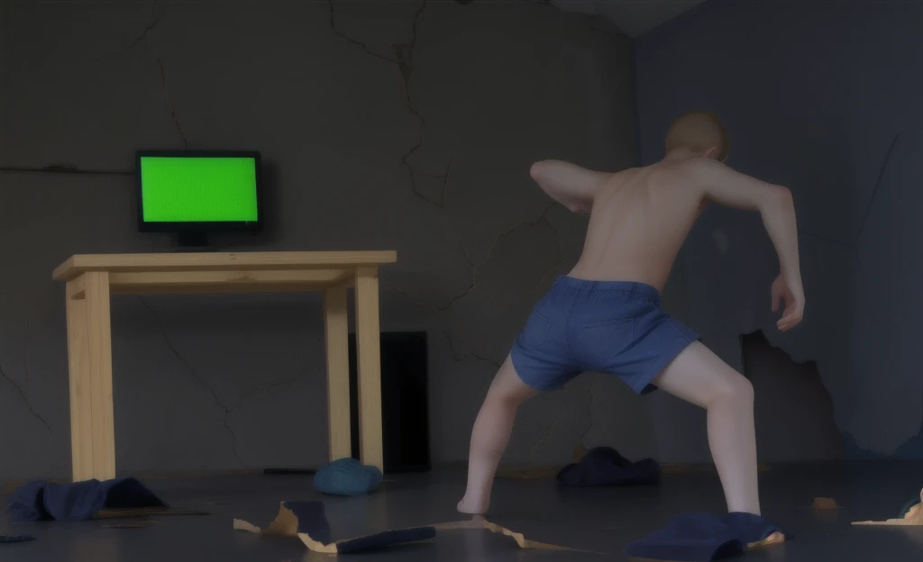 boy standing in room, destroyed floor, cracked walls