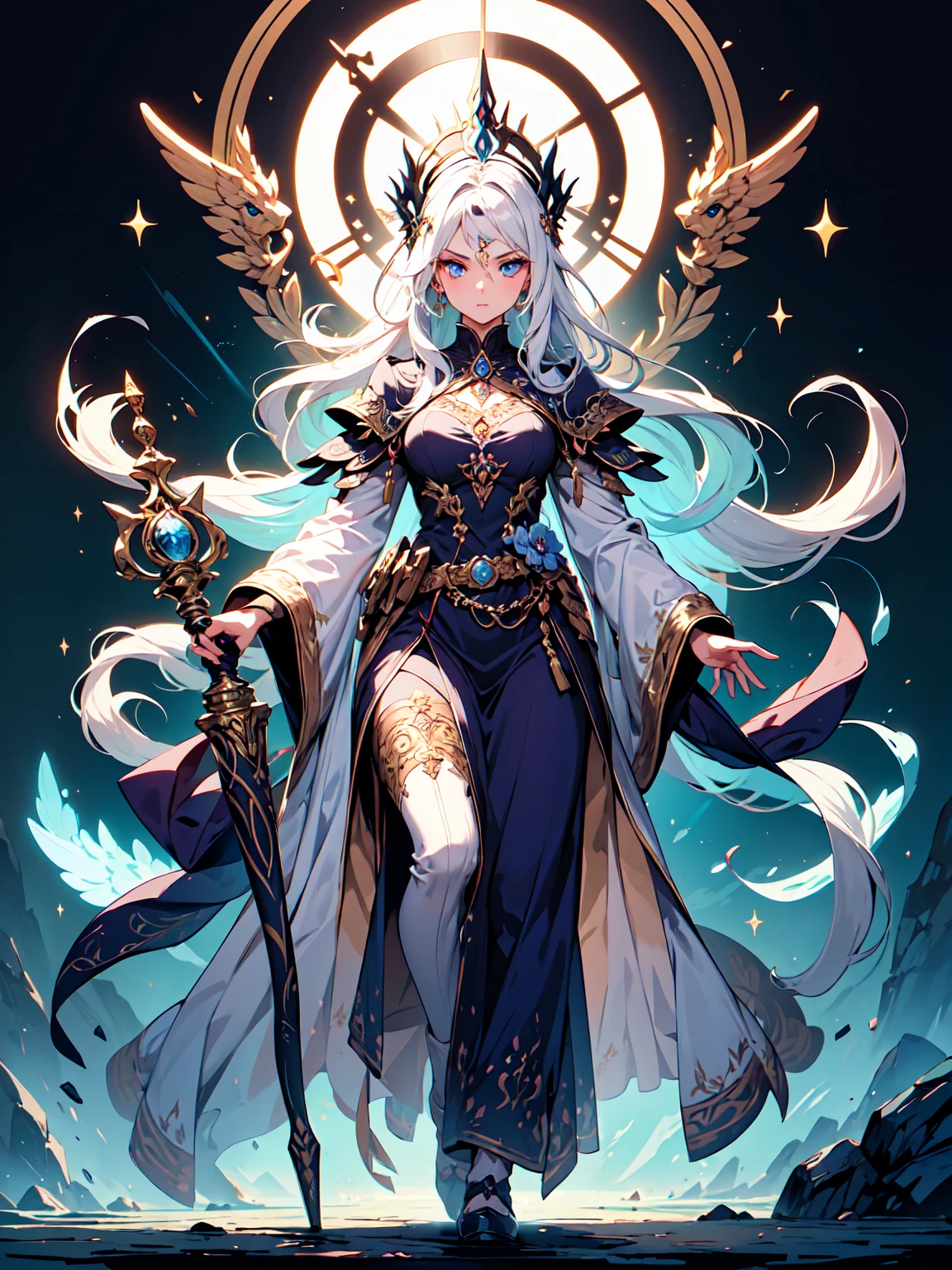 A stunning artwork of a majestic female character standing in an enchanting, mystical landscape. The full-body view showcases her in stylish and unique clothes of gold and purple, exuding an aura of elegance and power. Her long, flowing golden hair frames a face of regal beauty, highlighted by light blue eyes that radiate wisdom and an otherworldly charm. She holds a magic staff, intricately designed and glowing with mystical energy, adding to her majestic presence.