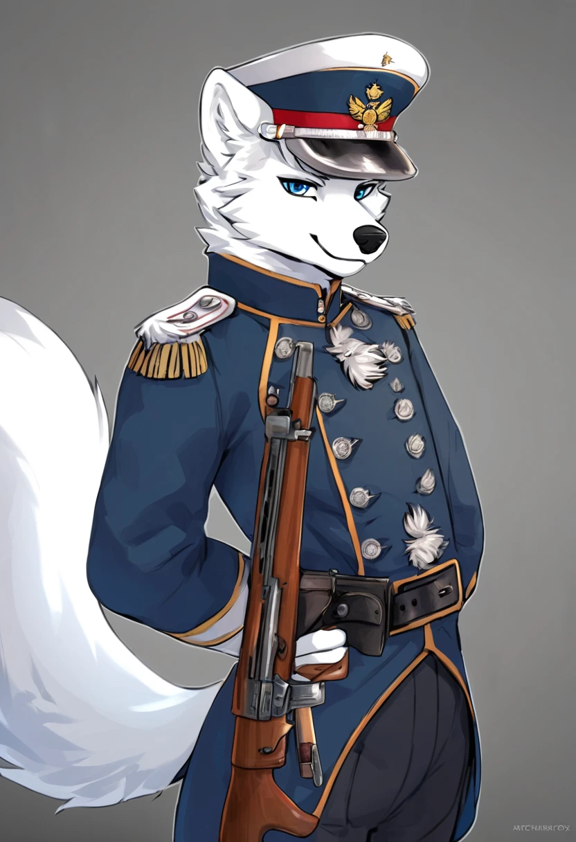 Arctic fox as a Prussian soldier