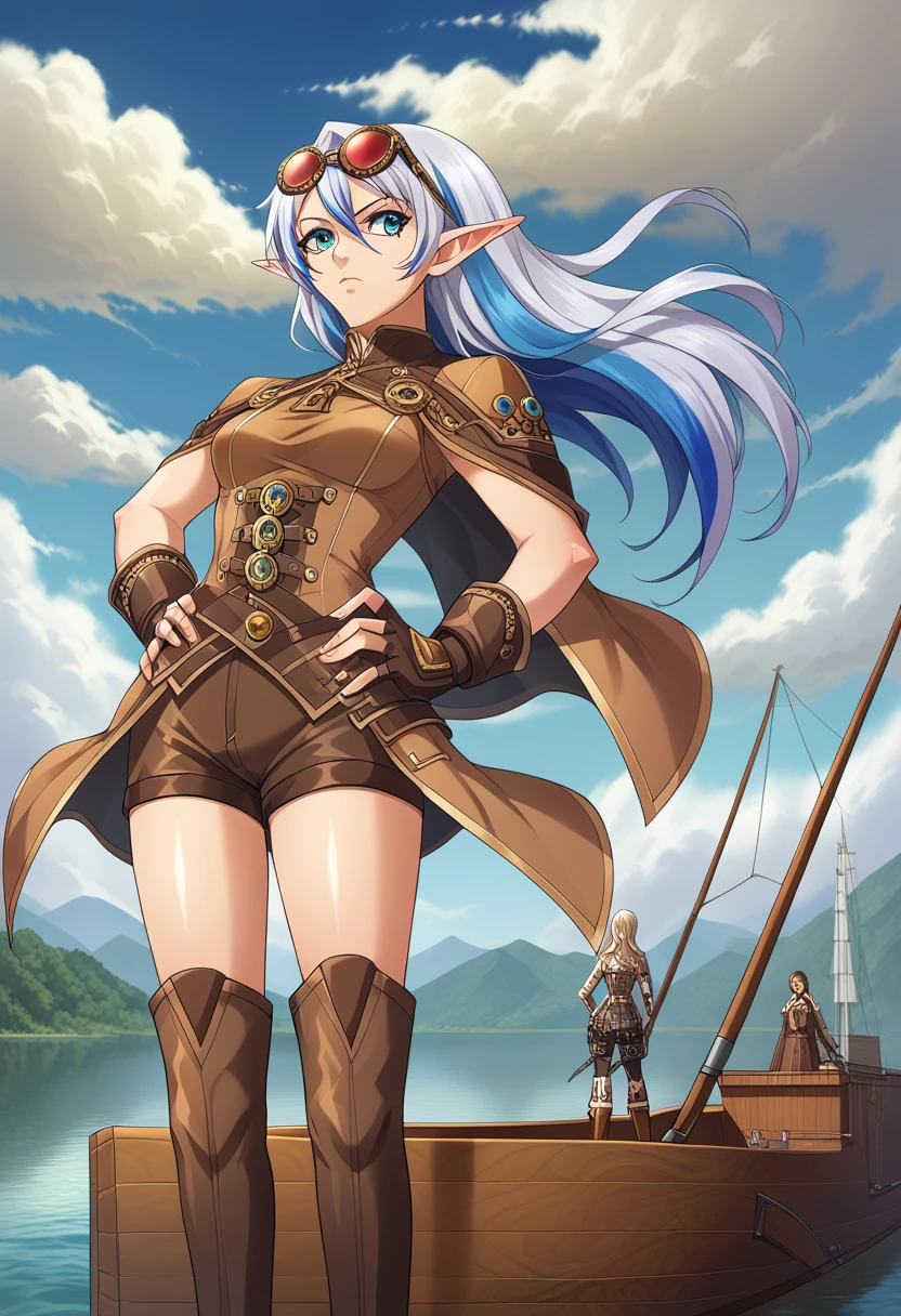 Masterpiece, high quality, illustration, extremely detailed, CG 8k unit, Dirigible, wind effects, 1_Women, whole body, standing on the deck of the wooden boat, clouds, lake, (exotic skin_complexion:1.4),maduro, statuary, high, beautiful, exotic, with long elf ears, looking to the side, two tone hair, long silver hair with Blue hair underneath, detailed face with diamond shaped eyes, (Blue_eyes), (dark_eyeliner), long_medium lashes_bust, airtight_gap, wearing steampunk corsé, chest window, brown shorts, cross belts, (glasses on head), red tinted glasses lenses, long fingerless_gloves, belts with metal gears, brown half skirt, hands on the hips, black airtight highs with embroidery, lace-up knee-high boots, Dynamic lighting casts detailed shadows., by canon dos, SIGMA 35mm F1 Art Lens.4, iso 100 shutter speed 2000, perfect hands,