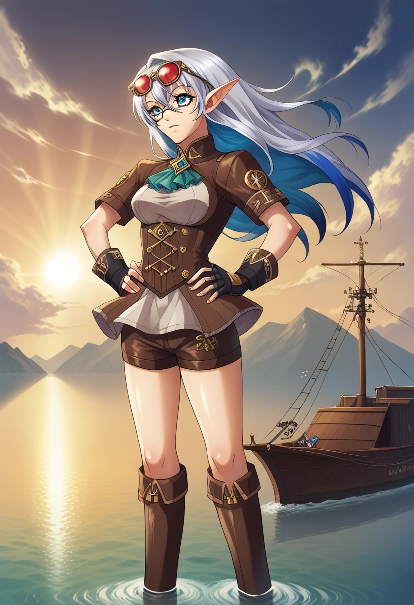 Masterpiece, high quality, illustration, extremely detailed, CG 8k unit, Dirigible, wind effects, 1_Women, whole body, standing on the deck of the wooden boat, clouds, lake, (exotic skin_complexion:1.4),maduro, statuary, high, beautiful, exotic, with long elf ears, looking to the side, two tone hair, long silver hair with Blue hair underneath, detailed face with diamond shaped eyes, (Blue_eyes), (dark_eyeliner), long_medium lashes_bust, airtight_gap, wearing steampunk corsé, chest window, brown shorts, cross belts, (glasses on head), red tinted glasses lenses, long fingerless_gloves, belts with metal gears, brown half skirt, hands on the hips, black airtight highs with embroidery, lace-up knee-high boots, Dynamic lighting casts detailed shadows., by canon dos, SIGMA 35mm F1 Art Lens.4, iso 100 shutter speed 2000, perfect hands,