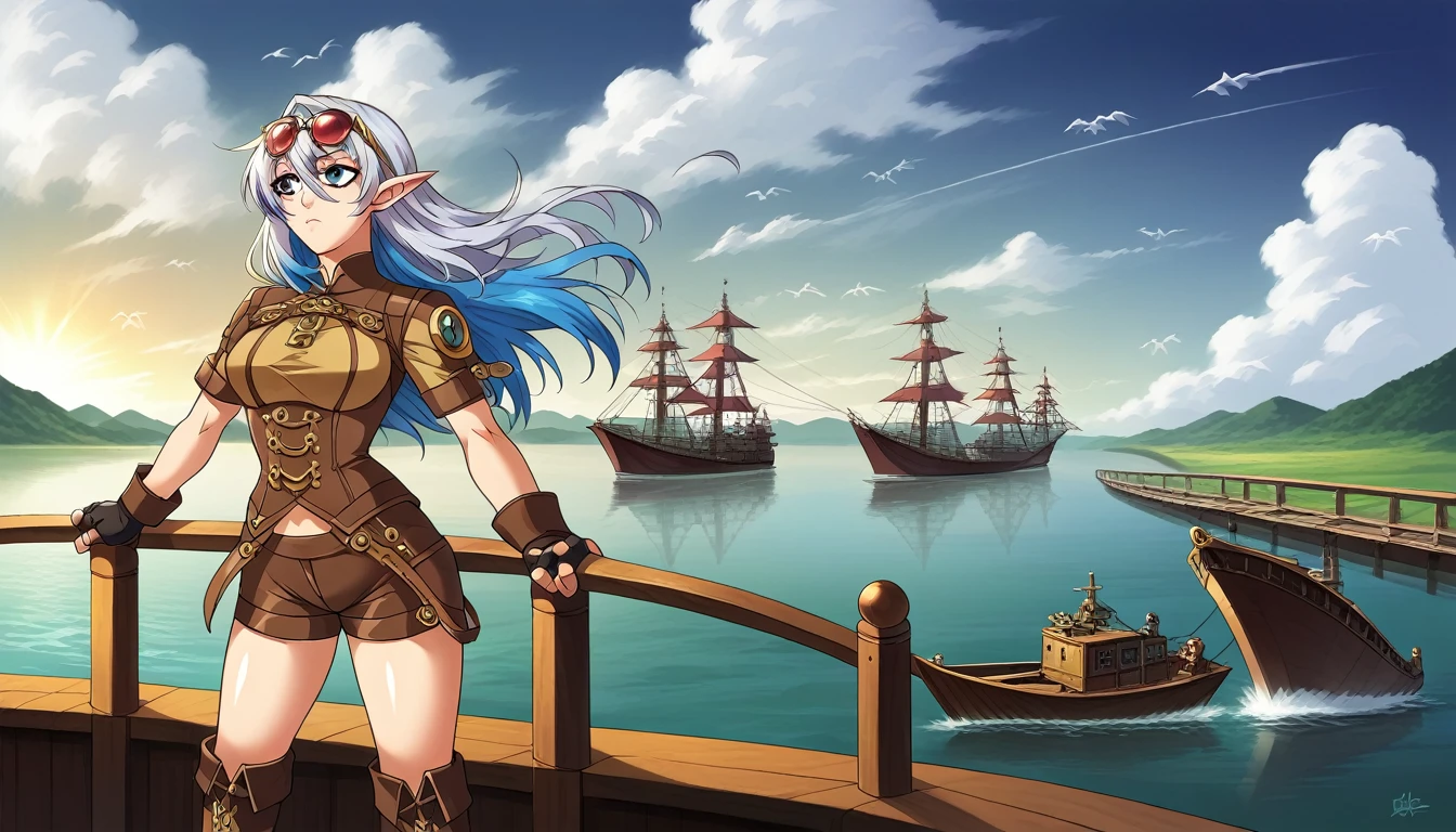 Masterpiece, high quality, illustration, extremely detailed, CG 8k unit, Dirigible, wind effects, 1_Women, whole body, standing on the deck of the wooden boat, clouds, lake, (exotic skin_complexion:1.4),maduro, statuary, high, beautiful, exotic, with long elf ears, looking to the side, two tone hair, long silver hair with Blue hair underneath, detailed face with diamond shaped eyes, (Blue_eyes), (dark_eyeliner), long_medium lashes_bust, airtight_gap, wearing steampunk corsé, chest window, brown shorts, cross belts, (glasses on head), red tinted glasses lenses, long fingerless_gloves, belts with metal gears, brown half skirt, hands on the hips, black airtight highs with embroidery, lace-up knee-high boots, Dynamic lighting casts detailed shadows., by canon dos, SIGMA 35mm F1 Art Lens.4, iso 100 shutter speed 2000, perfect hands,