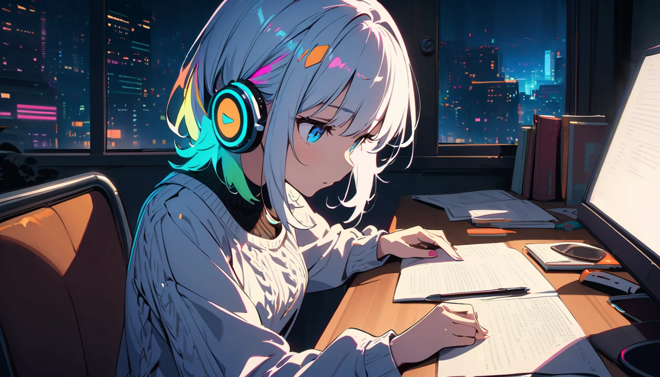 Handsome cute, Solitary, 1 female, Medium Length Hair, white hair, Rainbow hair, blue Eyes, Rainbow headphone, knit dress, Futuristic, Cyberpunk, Cybernetics panoramic, in the night, looking away, Sitting, studying, desk on the coffee,