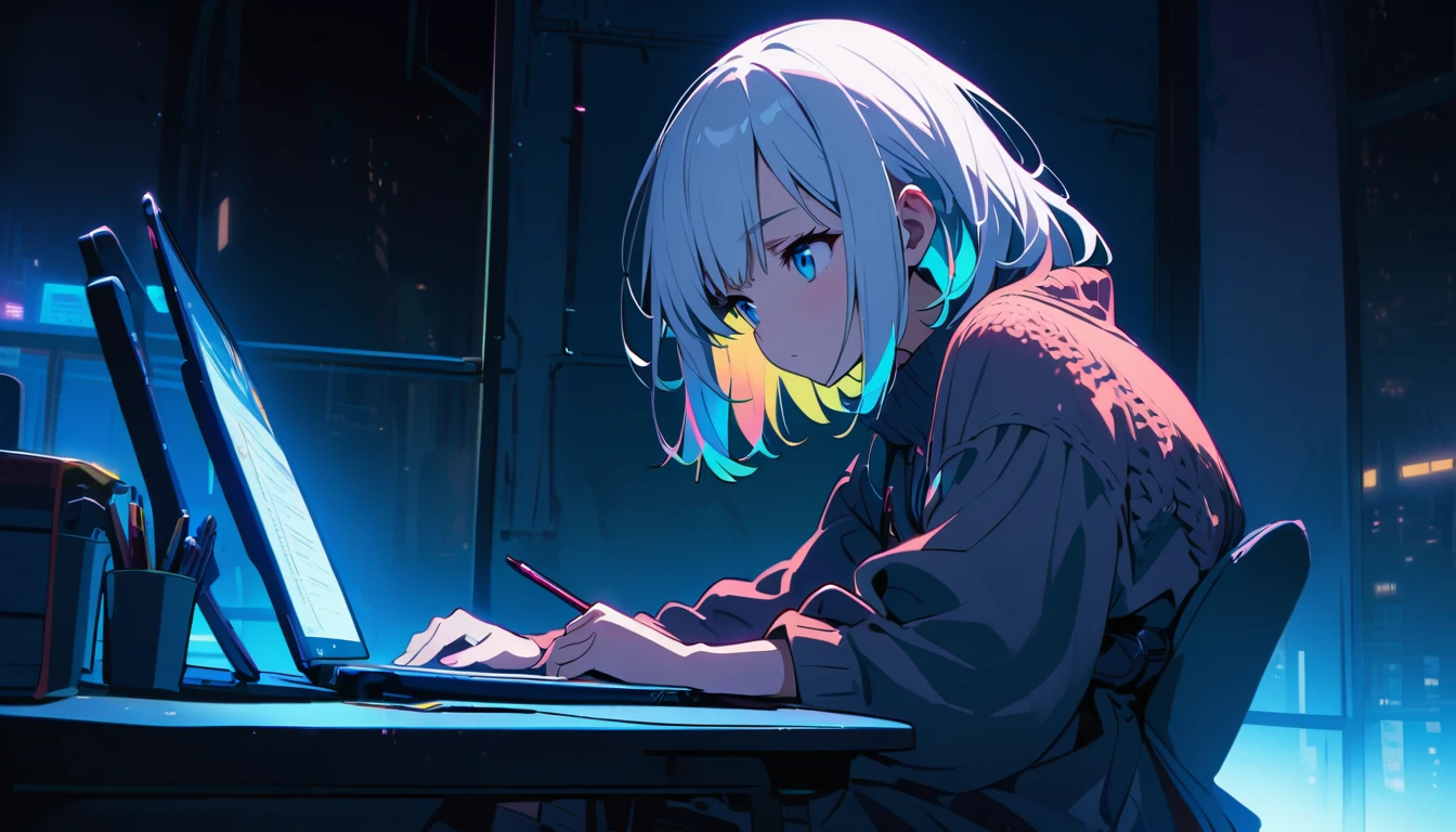 Handsome cute, Solitary, 1 female, Medium Length Hair, white hair, Rainbow hair, blue Eyes, Rainbow headphone, knit dress, Futuristic, Cyberpunk, Cybernetics panoramic, in the night, looking away, Sitting, studying, desk on the coffee,