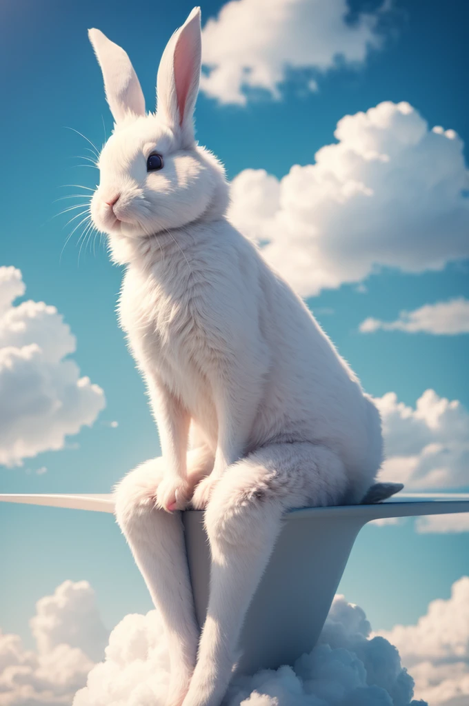 A cute rabbit sitting on a cloud
