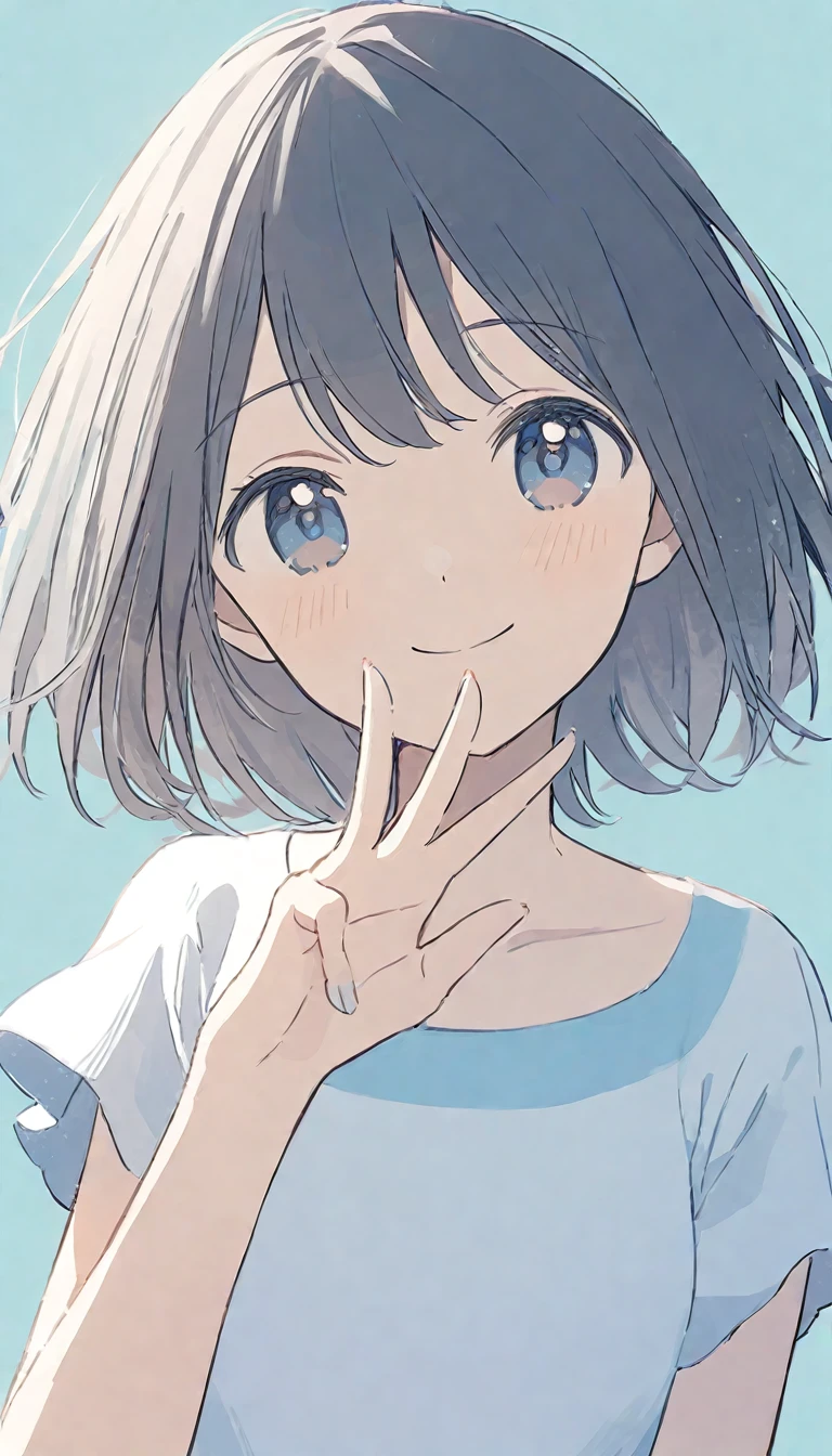 Anime girl,white dress,short hair,smiling,blue background,close-up,soft colors,pastel tones,illustration,pastel art,hand gesture,makoto shinkai,masterpiece, best quality,