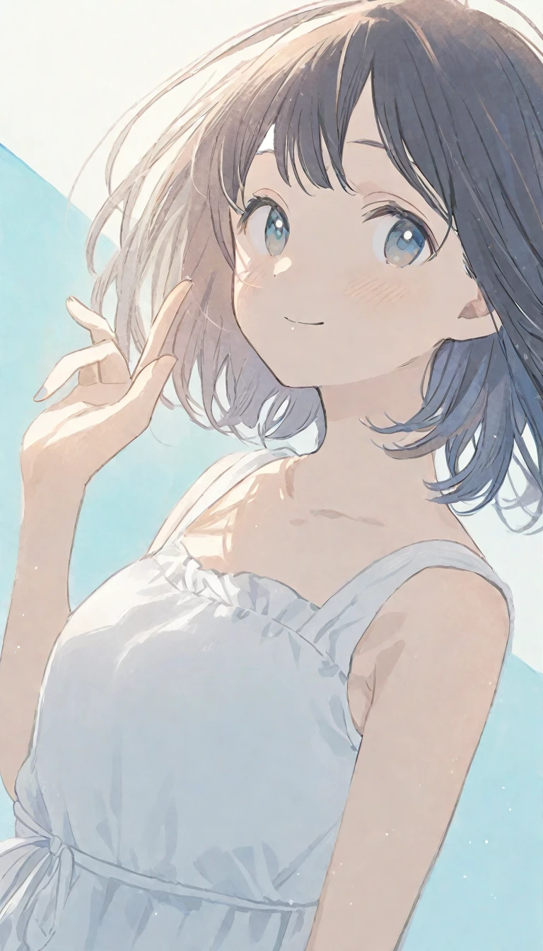 Anime girl,white dress,short hair,smiling,blue background,close-up,soft colors,pastel tones,illustration,pastel art,hand gesture,makoto shinkai,masterpiece, best quality,