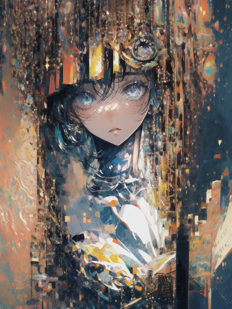 ((masterpiece, highest quality, Super detailed, High resolution)), alone, beautiful girl, shining eyes, perfect eyes, 15 years old, black white gold theme,