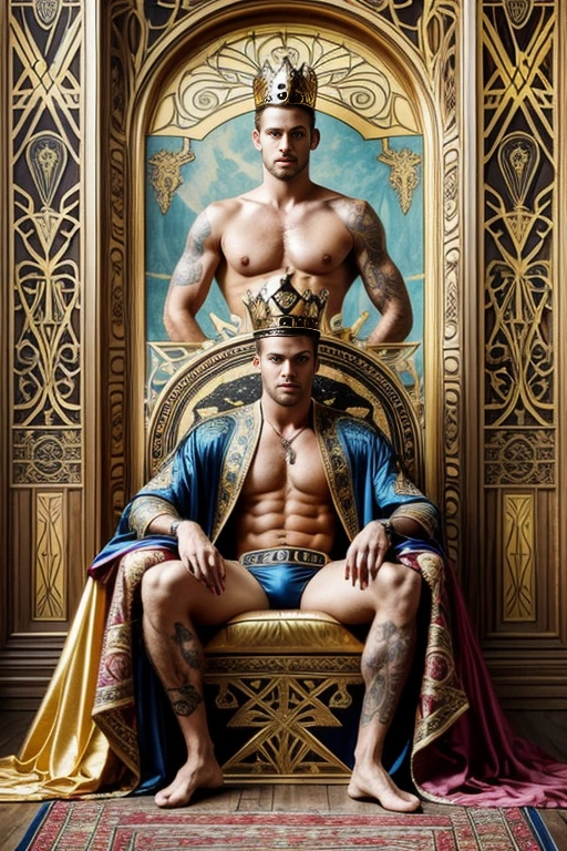 a surreal courtly photography, ultra-detailed, panoramic composition of subject and complete surrounding environment, handsome manly young topless christian hogue sitting on a throne, wears rich silks shorts and decorations, a crown on his head, Gold snake pattern tattoo , inspired by Cornelis Engebrechtsz, inspired by Nikolay Nikanorovich Dubovskoy, inspired by John Nelson Battenberg, inspired by Konstantin Westchilov, maximalist art nouveau, modern art nouveau, Artem Demura. Alphonse Mucha. Homem com asas de anjos