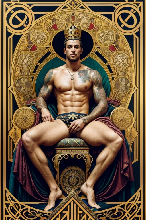 a surreal courtly photography, ultra-detailed, panoramic composition of subject and complete surrounding environment, handsome manly young topless christian hogue sitting on a throne, wears rich silks shorts and decorations, a crown on his head, Gold snake pattern tattoo , inspired by Cornelis Engebrechtsz, inspired by Nikolay Nikanorovich Dubovskoy, inspired by John Nelson Battenberg, inspired by Konstantin Westchilov, maximalist art nouveau, modern art nouveau, Artem Demura. Alphonse Mucha. Homem com asas de anjos