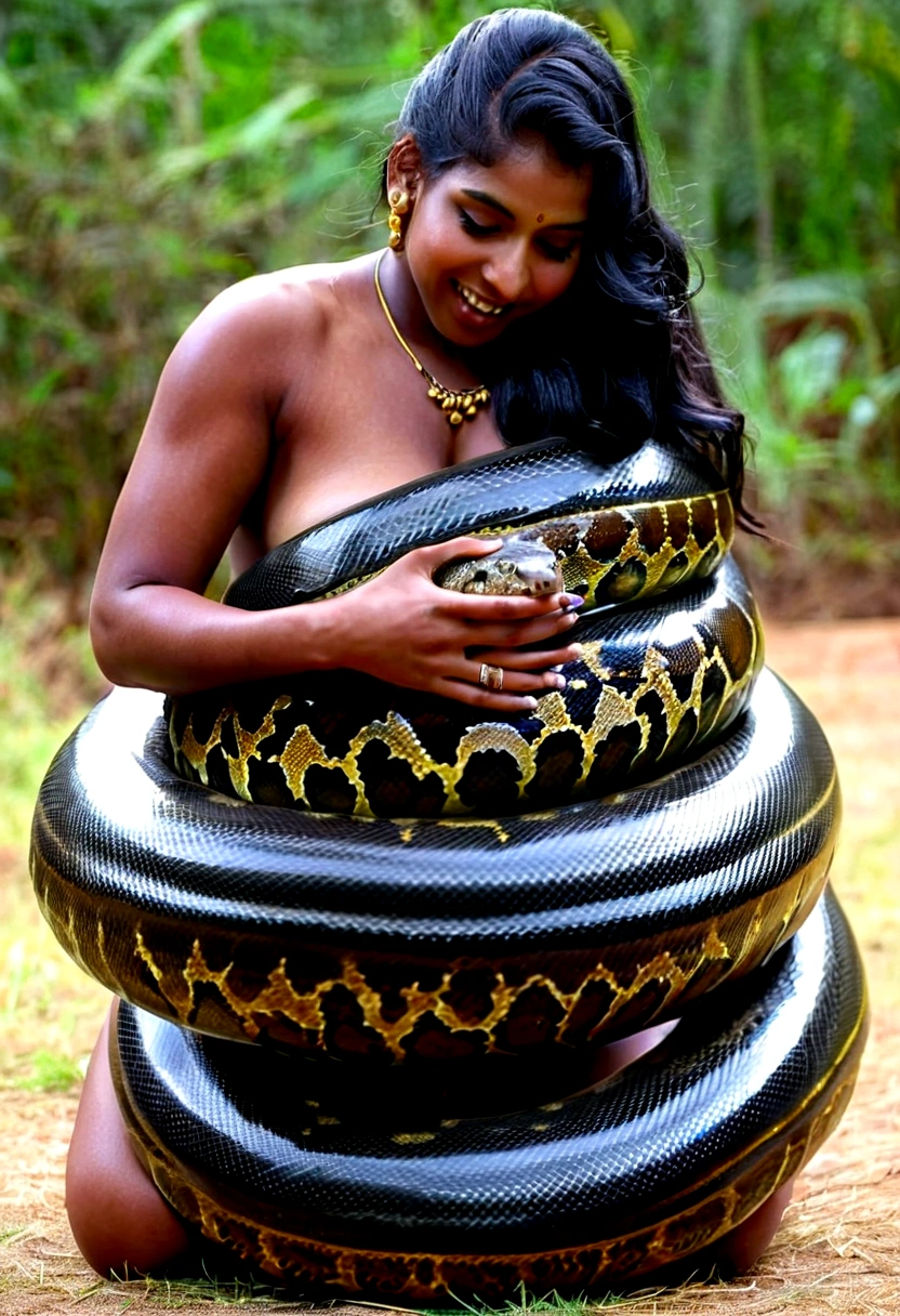Happy Horny, aroused 1girl), beautiful kneeling indian thick young girl with giant colossal black titanboa squeezing her hard, wrapped in thick spiraling coils, constricted, struggle, gasping for air, snake attack, snake peril, moonless night, dim light