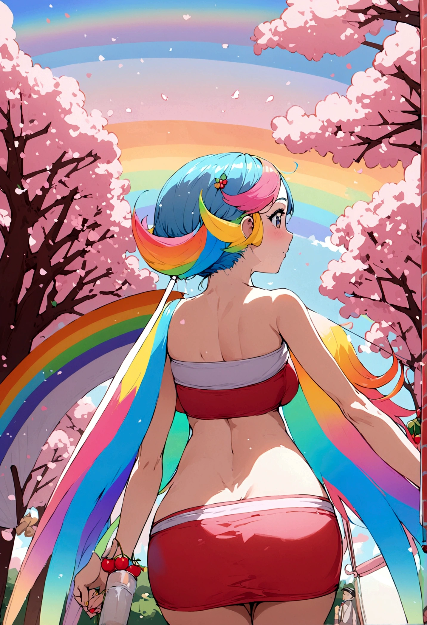 A lovely woman (miniskirt, rainbow hair, tube top, parasail) is a tourist in Japan, she is walking through a park while the cherries are in bloom, view from behind