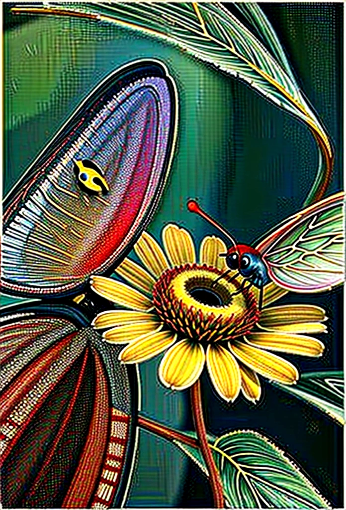 Representations of insects and small creatures in their environments.
Exemplos: Butterfly on a flower, ladybug on a leaf.