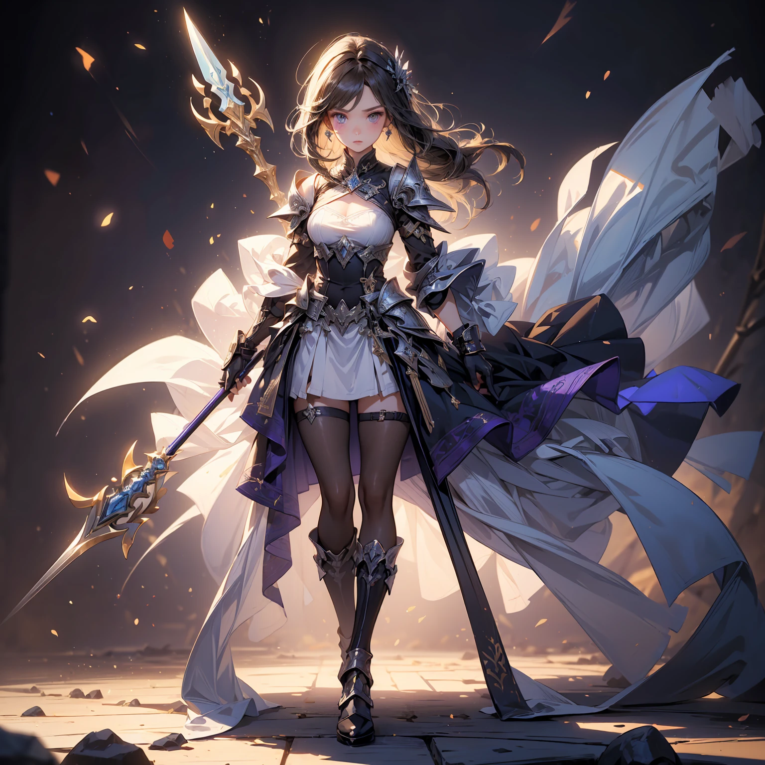 Design a layout showcase Gaming character, (1boy). Golden+Purple clothes, stylish and unique. ((showcase weapon:1.4)), magic staff. (masterpiece:1.2), (best quality), 4k, ultra-detailed. (Step by step design, layout art:1.5), (luminous lighting, atmospheric lighting). magican, ((glove full hands)), (((revealing clothes:1.3))), vambraces, armored legwear, (((full_body_shot:1.4))).
