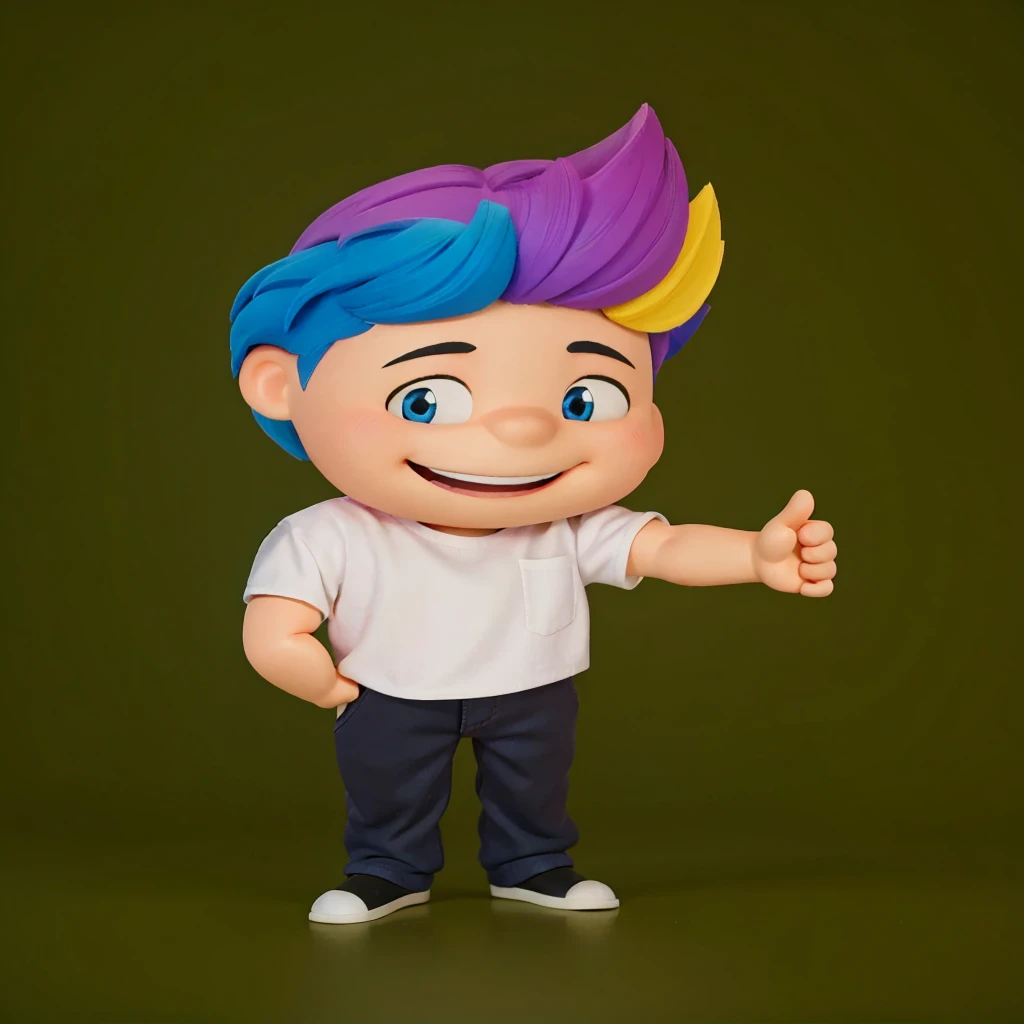 good-great,3d, high qualiy, 1,young man smiling, Big eyes, colored hair, 4 colors hair blue, Pink, yellow and black, white shirt, fully body, positive sign, hand in pocket disney pixar style