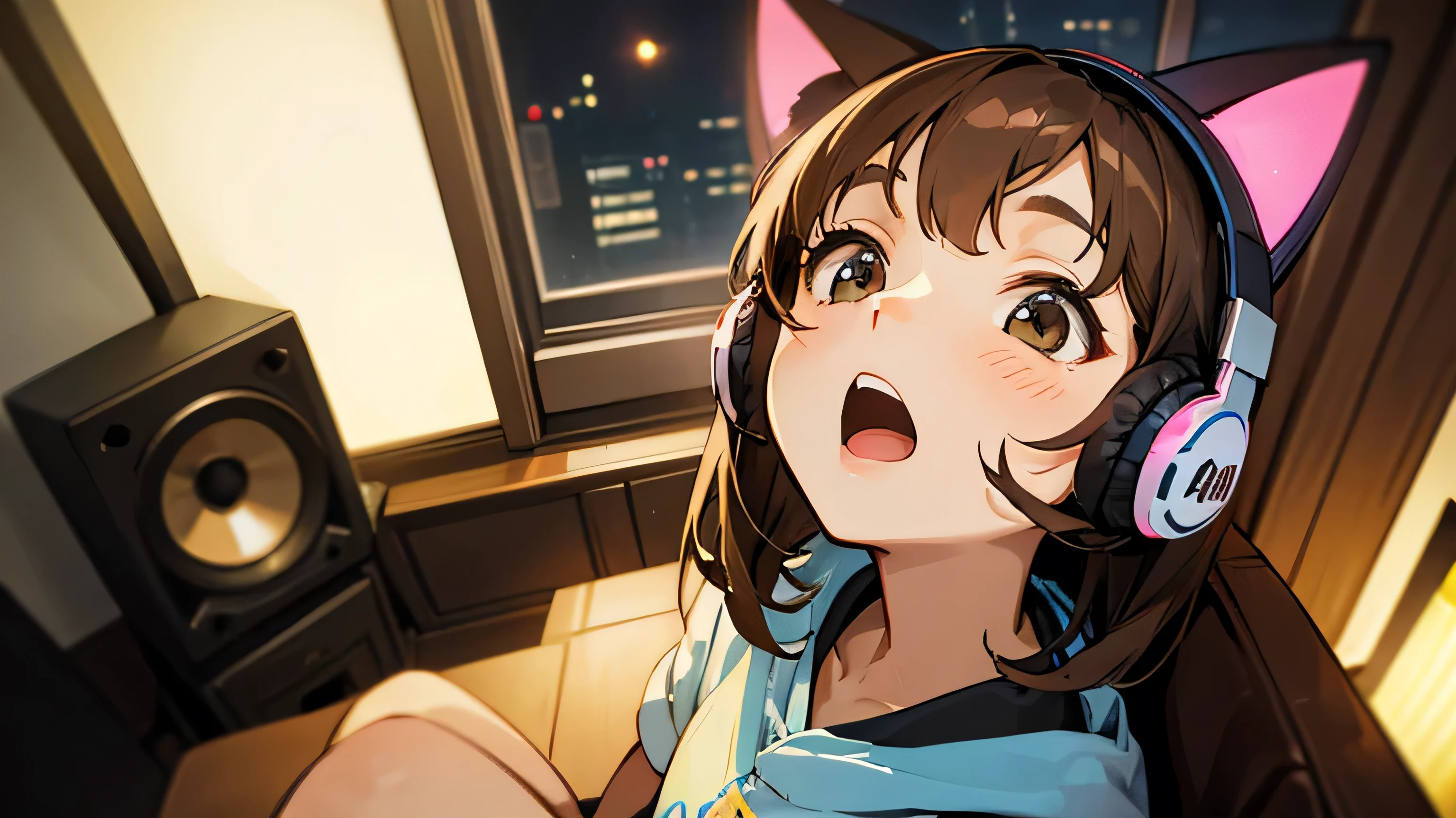 Room with speakers、Cat with headphones、Face close-up、night、Brown Hair、Looking up with open mouth、Sitting in a chair