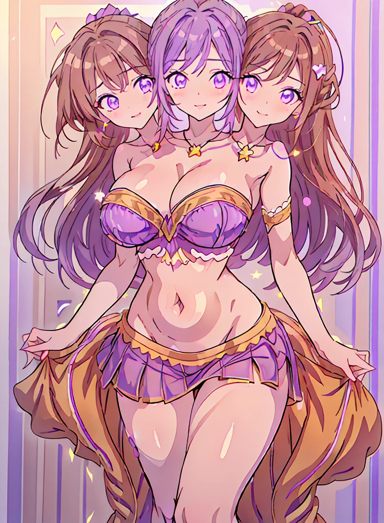 (16K), ((three headed woman)), smiling, highres, masterpiece, ((brown hair)), cleavage, large breasts, ((violet dress:1.5)), lustrous and smooth skin, (mature woman), seductive silhouette, ((crop top)), sexy proportions, Beautiful girl with accentuated slender abs, seductive woman, ((party background)), necklace, violet miniskirt, miniskirt, open belly, exposed midriff, strapless, sleeveless, yellow eyes, beautiful eyes, ((long bushy ponytail)), ((gala)), cowboy shots, very big tits, huge tits, open belly, exposed midriff
