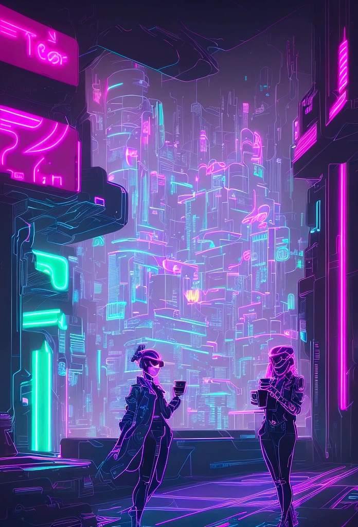 neon girl with a cup of coffee in her hands, cyberpunk art by Galen Dara, trending on cg society, process art, glowwave girl portrait, neon digital art, glowing neon, neon glow concept art, neon outline, neon outlines, neon art style, [ synthwave art style ]!! ]!!, synthwave art style ]!!