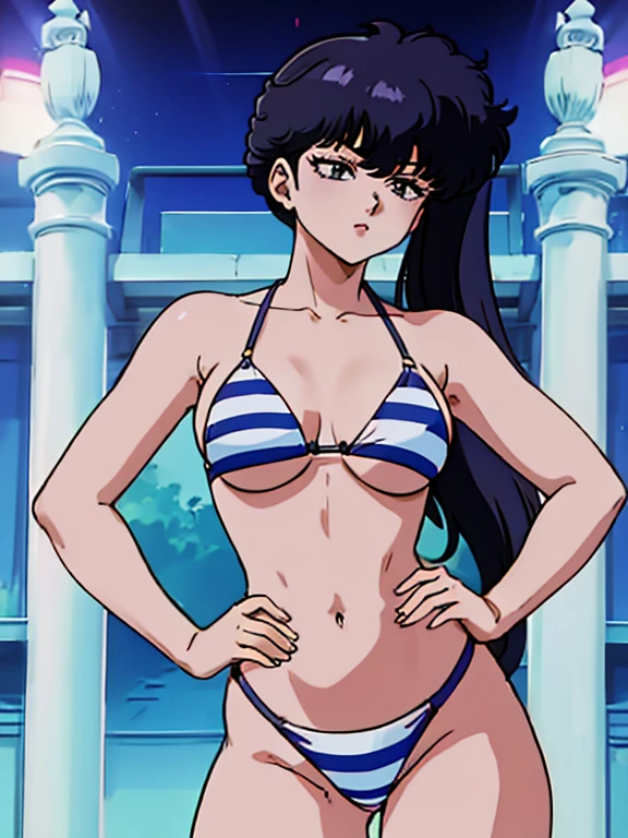 KodachiKunou, A gentle face、Light blue striped bikini、Side Tail、8K,high resolution、Put your right hand on your hip、Touch the back of your head with your left hand、
