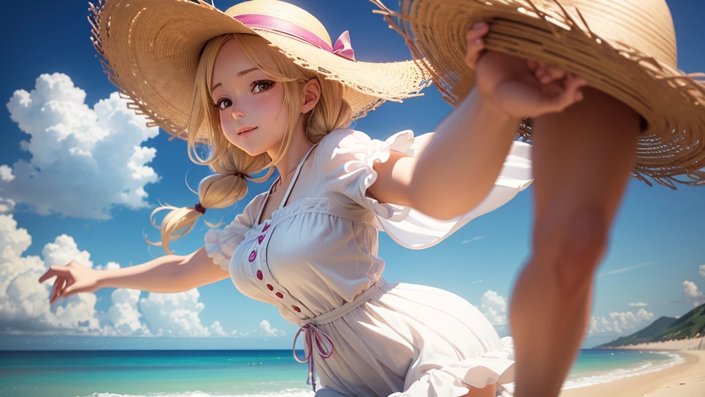 Smooth anime CG art, Also,Cute 3D anime girl render,Stretching clouds in the distance,Girl Slipping Through,Blonde twintails in straw hat smiling in white dress、nice,Far angle,coastal