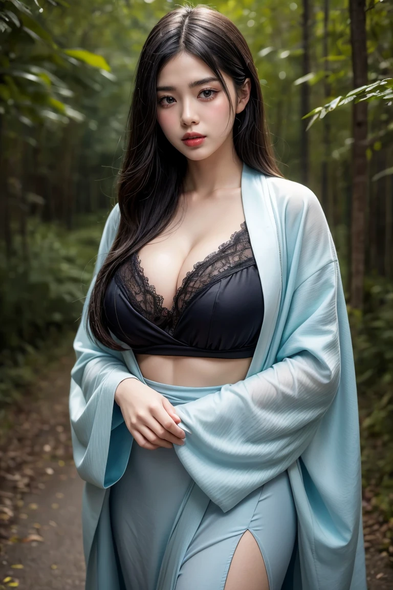 A seductive and mysterious girl with long dark hair, big breasts:1.5, slander body, dressed in traditional Japanese clothing, standing in a moonlit forest. The illustration is inspired by the character Ragawa Kiriko from the manga series "Akatsuki no Yona". The artwork is highly detailed and realistic, with intricate patterns on her kimono and soft lighting. Created by artist WLOP using digital painting techniques. (Concept art, 4k resolution)