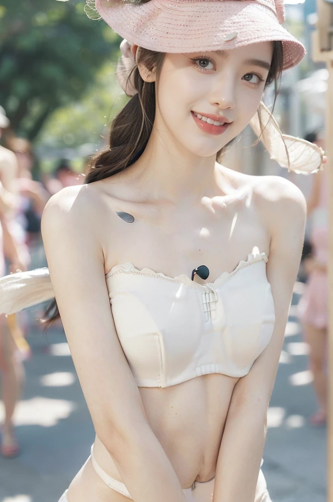 (Extremely meticulous CG),(((8k))),wallpaper,((Extremely refined and beautiful)),(((Masterpiece))),(((best qualtiy))),(((Ultra High Resolution))),realistic shaded,(Smooth and flawless fair skin:1.5),(Extremely exquisite facial details:1.2),(ultra-detailed:1.5),((a beautiful girl,solo)),(Pink Fisherman hat:1.5),(shoulder length straight hair:1.3),(small head:1.2),(slender face:1.2),(Exquisite makeup:1.3),(happy:1.2),(laughing:1.2),(perfect body:1.2),(strapless white bra:1.5),(small breasts:1.3),(flat chest:1.2),((slim,thin)),(from front:1.3),(standing:1.3),(at the schoolgate:1.5),(urban landscape:1.3),(outdoor:1.3),(summer:1.3),(day scene:1.3),(afternoon sunshine:1.3),(close-up of face:1.3),(surrounded by crowded crowds:1.5)