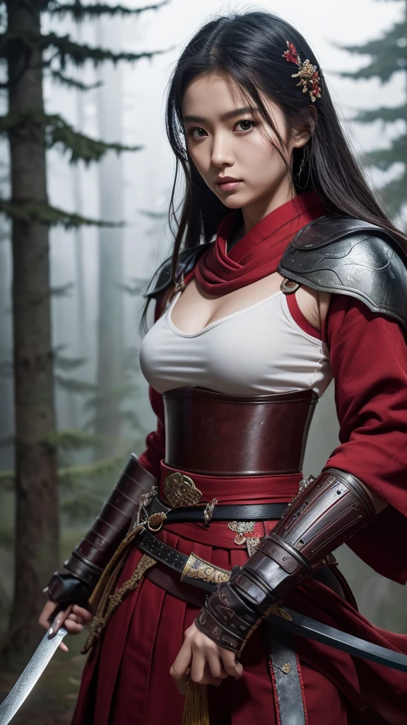 Hold the sword and open the scabbard.Handsome female warrior wearing dark red skirt, misty forest background.bokeh background.portrait,(best quality,4K,8K,high resolution,masterpiece:1.2) Art Station Contest Winners, fantasy art, female warrior, very beautiful cyberpunk samurai, Samurai sword, beautiful female warrior, beautiful female warrior, warrior princess, warrior girl, beautiful figure painting, she is holding a Samurai sword sword, japanese samurai, Ono City