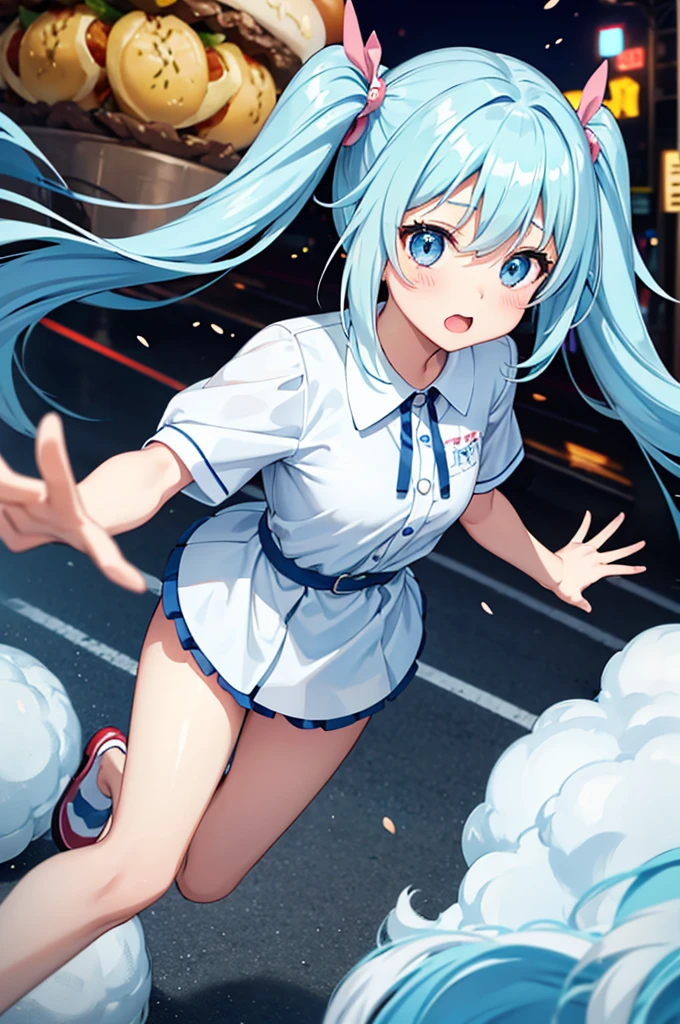 Light blue long hair、Beautiful girl with twin tails、Dream of being chased by bread、Hamburgers galore、A lot of hamburgers are chasing me、The girl is running desperately、Hamburger splash art