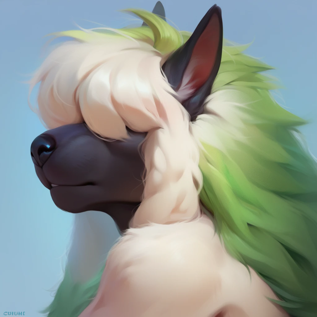 score_9, score_8_up, score_8, score_7_up, score_7, hi_res, alpaca, black fur, medium long fluffy hair, tousled, messy hair, green hair, hair covering eyes, hair in eyes, dark skin, furry body,, ((anthro)), hairy, side view, white hair, portrait


