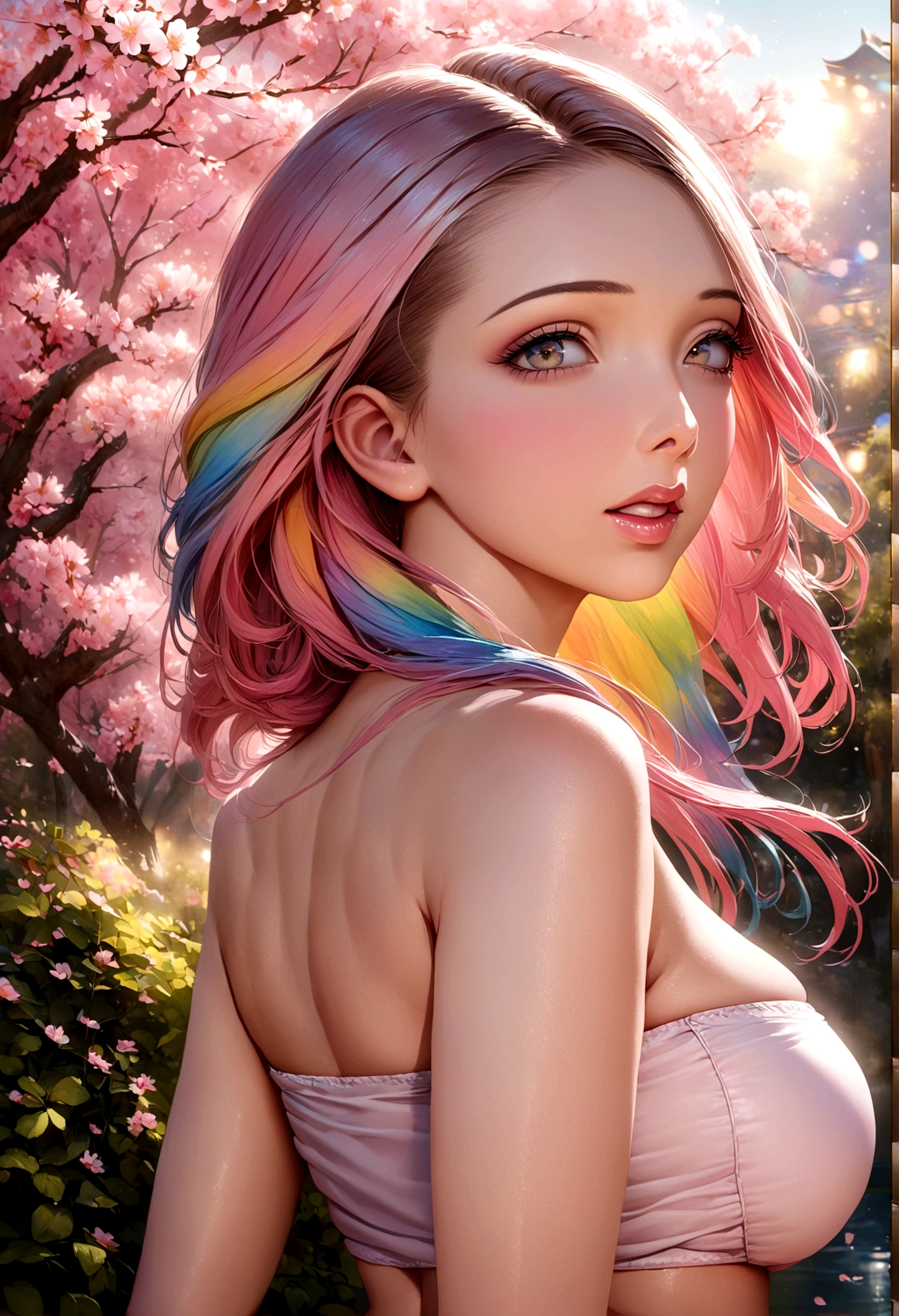 A lovely woman in a short skirt, rainbow hair, tube top, parasailing through a park in Japan as cherry blossoms bloom, view from behind, best quality, 4k, 8k, highres, masterpiece:1.2, ultra-detailed, realistic, photorealistic:1.37, HDR, UHD, studio lighting, ultra-fine painting, sharp focus, physically-based rendering, extreme detail description, professional, vivid colors, bokeh, detailed portrait, beautiful detailed eyes, beautiful detailed lips, extremely detailed face, long eyelashes, elegant, graceful, serene, atmospheric, dreamy, whimsical, soft pastel colors, warm lighting