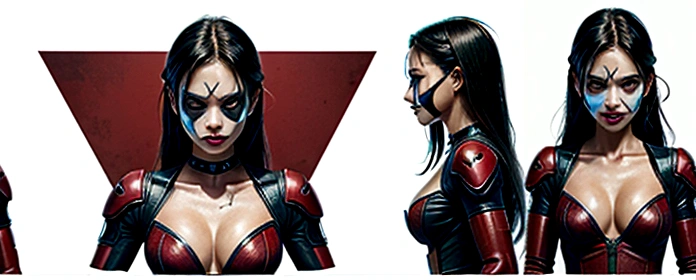 Female Deadpool,marvel,action,character,anti-hero,superhero,masked,vigilante,mercenary,martial arts,fourth wall breaking,vulgar humor,breaking the fourth wall,red&black suit,detailed chest emblem,swords,guns,katanas,comic book style,highly detailed illustration,dynamic poses,bullet holes,explosions,cityscape background,vibrant colors,shadows and highlights,defiant expression,cigar-smoking,cool attitude,scars,mask covering face,deadly combat,badass attitude, punk rock vibe