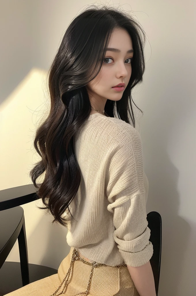 (masterpiece: 1.3), (8K, Realistic, RAW Photos, Highest quality: 1.4), (One girl), Shallow depth of field, Focus on the face, Soft Focus, Beautiful Face, (Backlight: 1.5), (Surroundings: 1.3), (Realistic Face), (Black Hair, Medium Short: 1.3), Gentle wavy hair, Hair blowing in the wind, The hair on my back spreads in the wind, Short bangs, Realistic eyes, Dark brown pupils, Pupil highlights, Beautiful details in the eyes, (Plenty of natural light), (Realistic Skin), Beautiful Skin, blouse, flare skirt, clock, thin gold chain necklace, thin gold chain bracelet, bag, Bright flat pale wall and empty background, Absurd, Charm, 超High resolution, Ultra-realistic, High resolution, Golden Ratio, Full body of a walking person, The gesture of raking hair with your hands, Sit on a chair