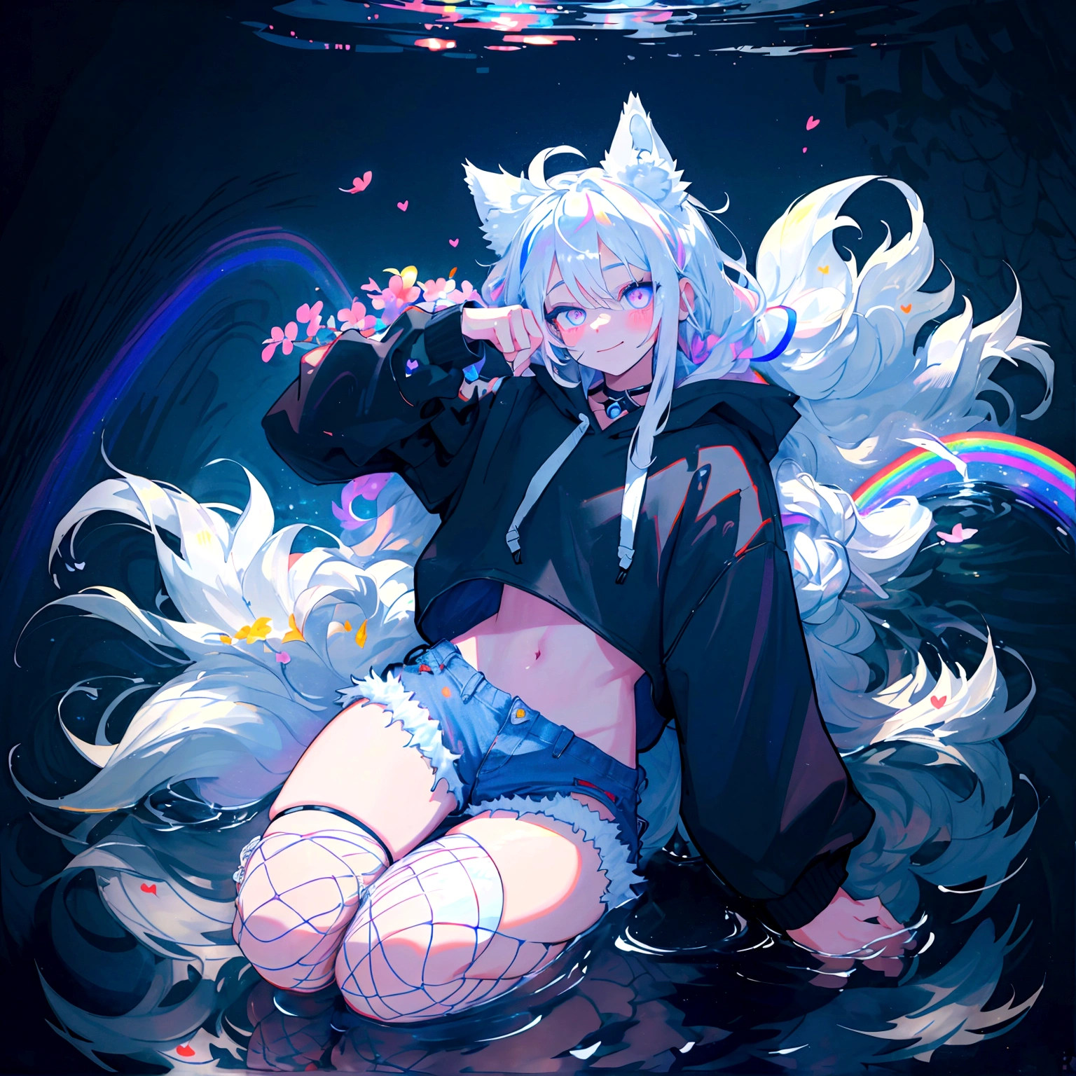 a cute adult male with wolf ears, long white hair, long locks, has a wolf tail, wearing a loose cropped black hoodie, wearing a pair of denim short shorts and fishnet stockings, thick thighs, wide hips, relaxing on mound of fluffy multi colored kawaii plushies, short, very slim, showing slender tummy, heart on hoodie, squishy thighs, has glowing blue eyes. alone, solo (ALONE)(SOLO), surrounded by rainbows, colorful galaxy backround, smiling, stretching out, water reflection