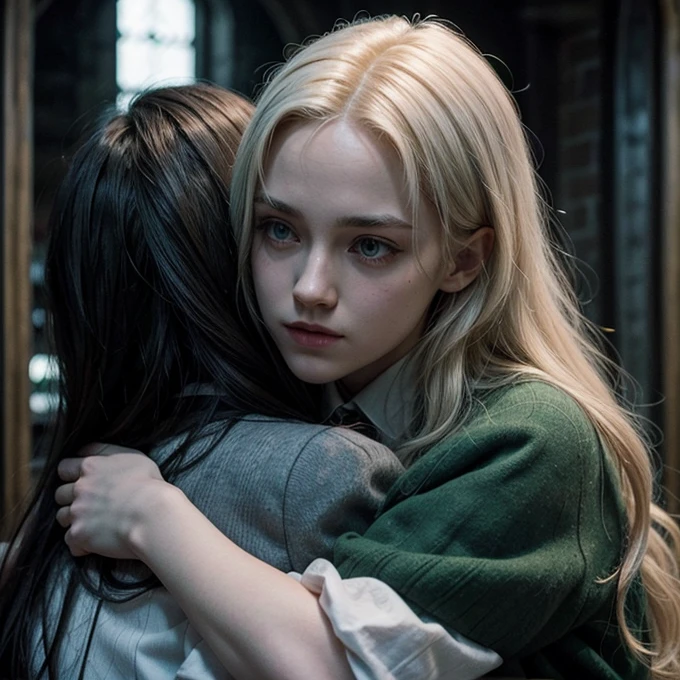 Draco Malfoy hugging a Slytherin girl with long wavy black hair 